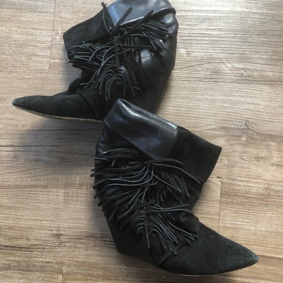 Isabel Marant Black Leather Tassle Wedge Booties - Picture 2 of 6